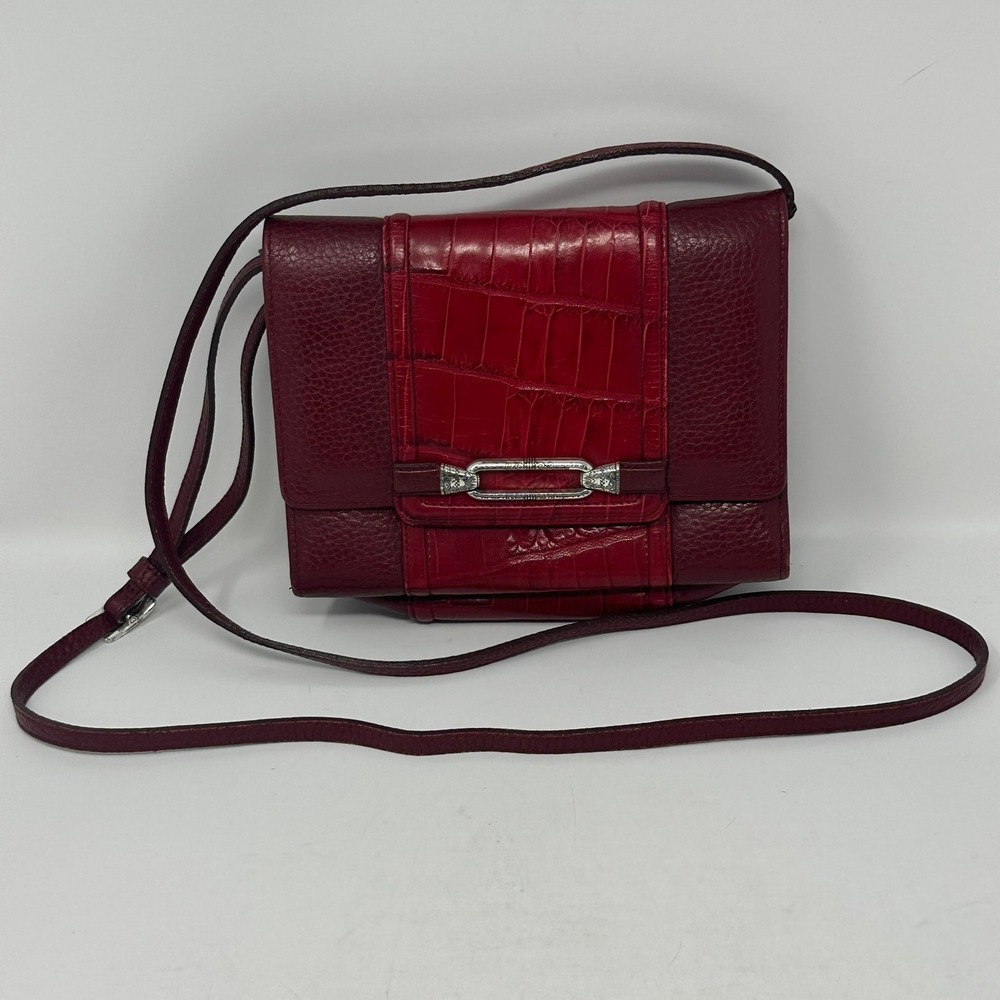 Brighton Crossbody Bag Women Red Burgundy Croc Embossed Leather Silver Hardware
